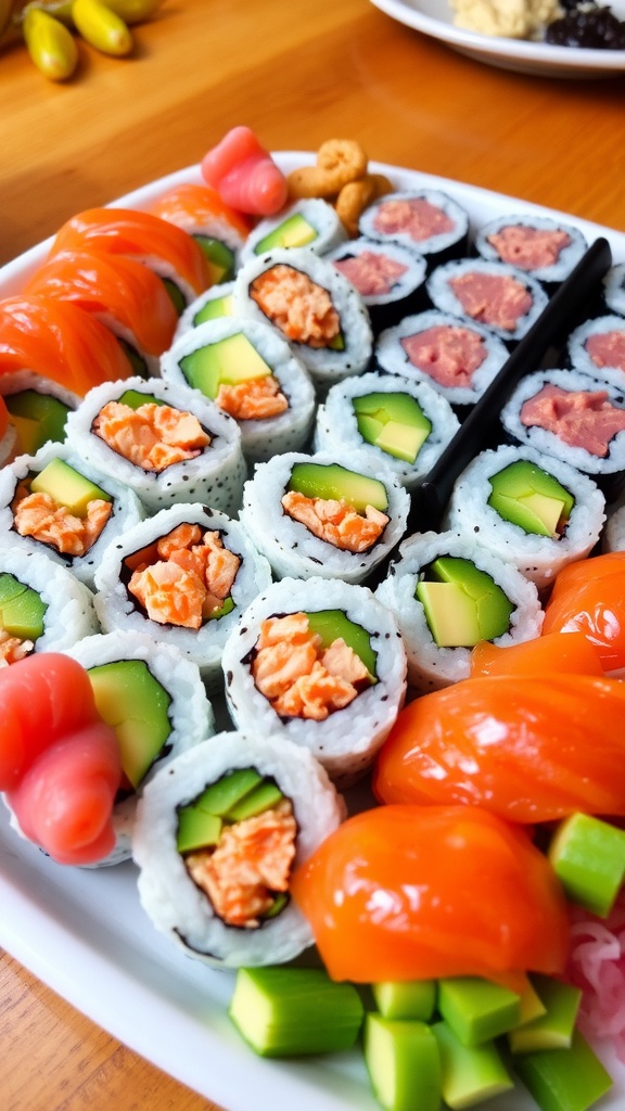 Delicious California and Spicy Tuna Sushi Rolls Recipe California and spicy tuna sushi rolls on a platter with pickled ginger and wasabi.
